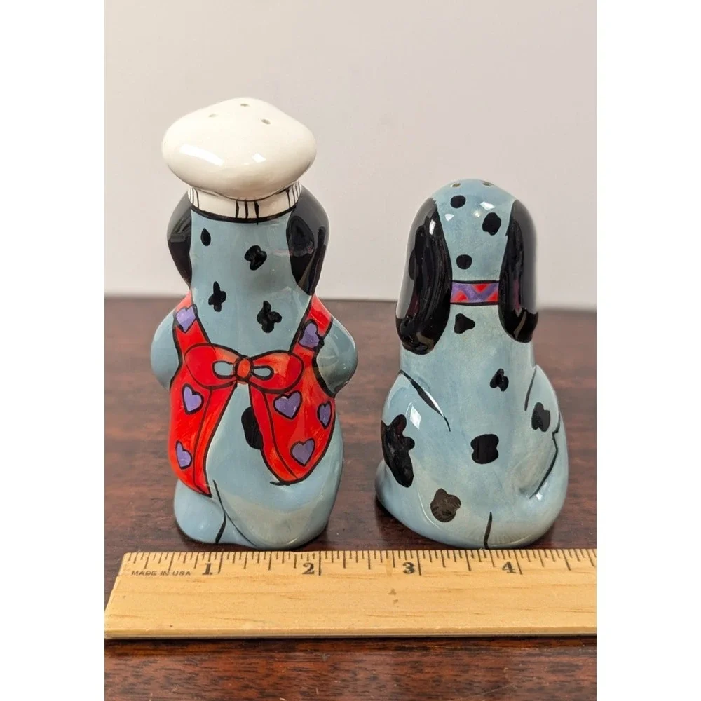 Dalmatian Chef Dog Salt and Pepper Shaker Set Blue Ceramic Novelty Kitchen Decor